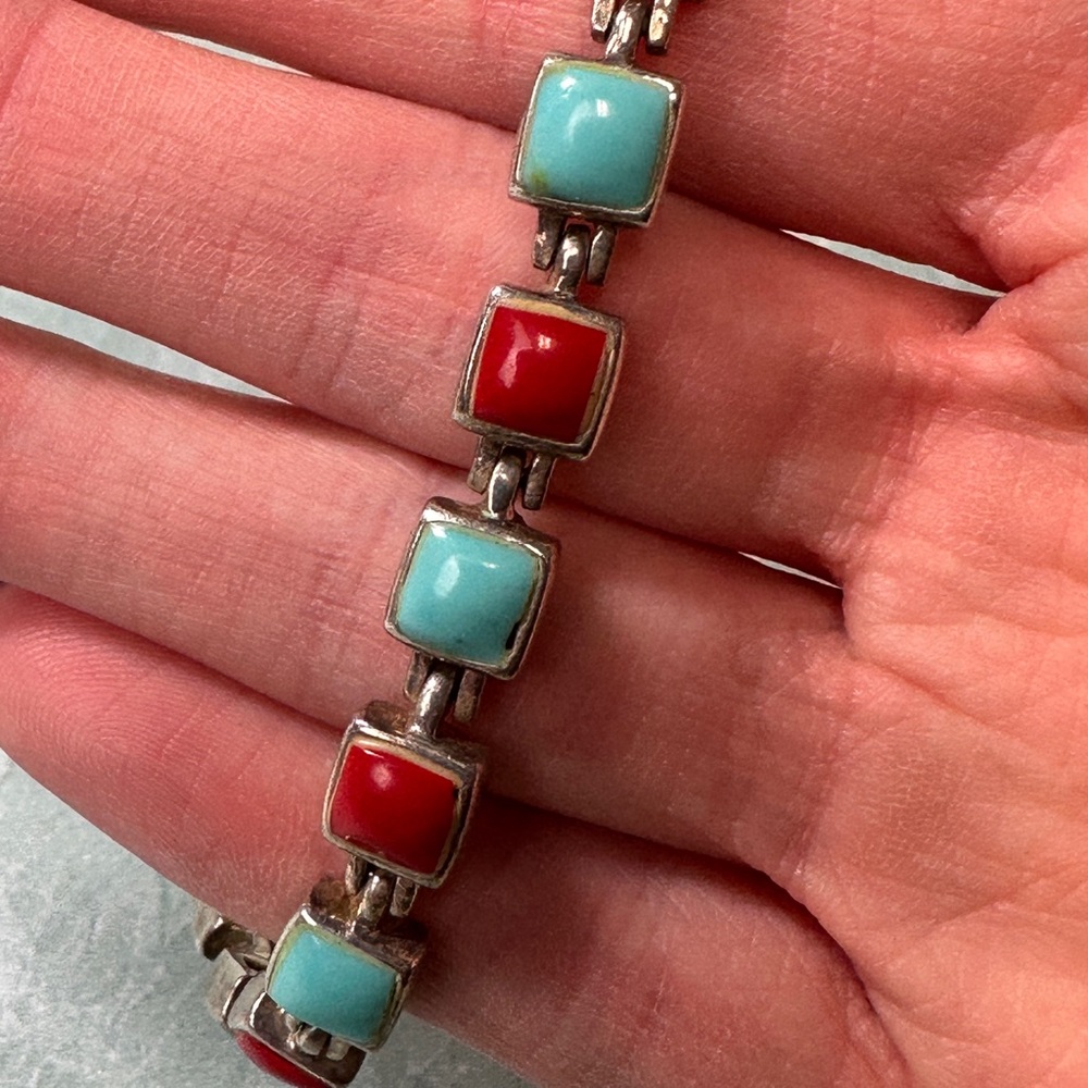 CFJ Vintage Red Coral and Turquoise Square Stones in .925 Silver Bracelet